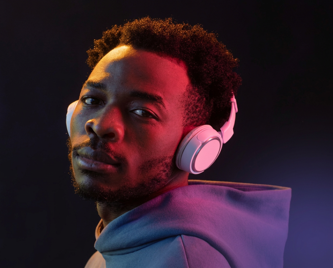 Singer wearing headphones in purple and red studio lighting