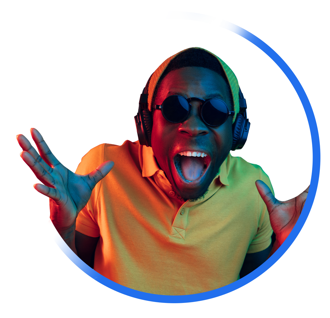 Excited singer in a yellow shirt wearing headphones inside a blue circle